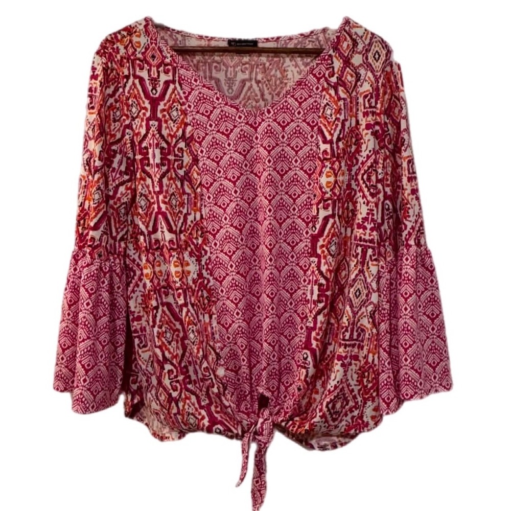 New Directions Blouse Womens L Pink Excellent‎ Bell Sleeve Tie Front Ikat Print